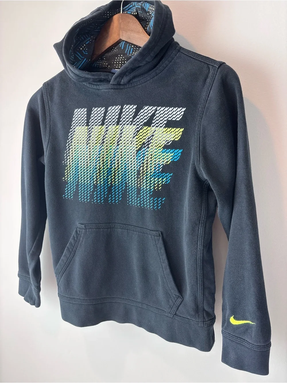 Nike Boys’ Hoodie — Youth Medium — Navy/Gray with Neon Graphic